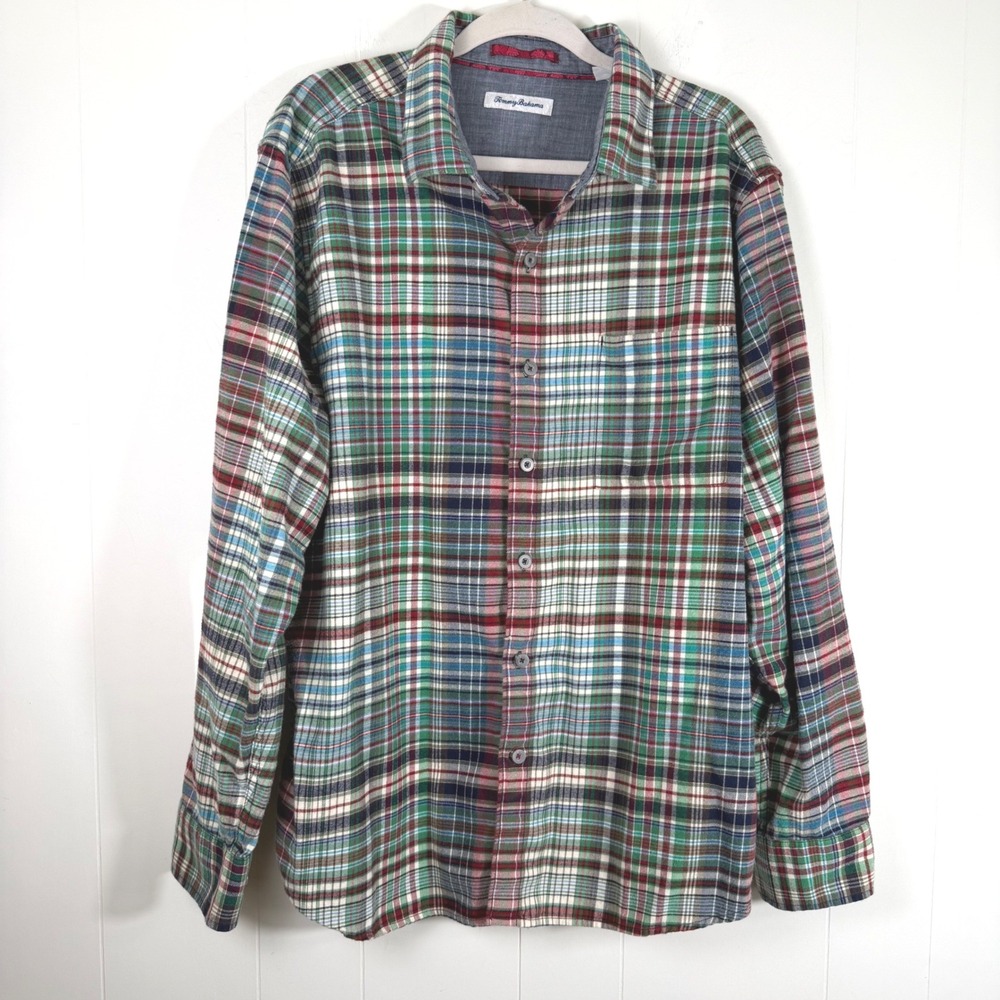 Tommy Bahama Flannel Plaid Button Up Shirt Green Red Multi Cotton Blend Mens XL